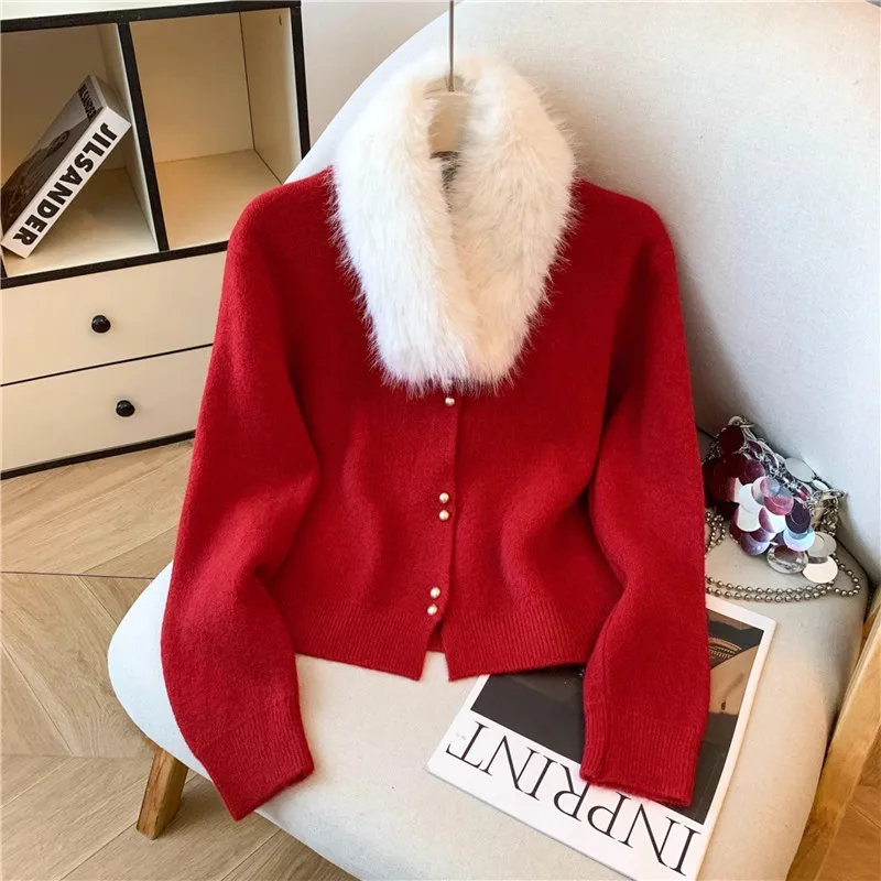 

Korean Removable Faux Fur Collar Knit Sweater Women Short Cardigan Coat Red Yellow Beige Round Neck Long Sleeve Ladies Knitwear