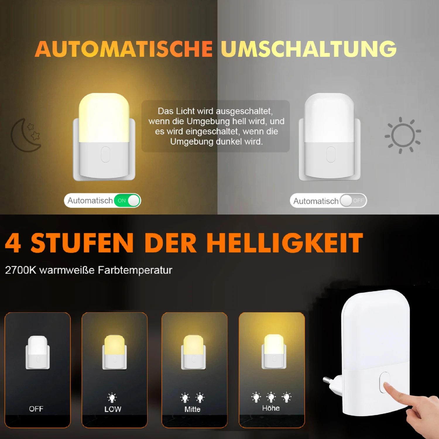 2pcs Night Light Socket with Twilight Sensor 3 Stage Dimmable 2700K Warm White Night Light for Bedroom Stairs Kitchen