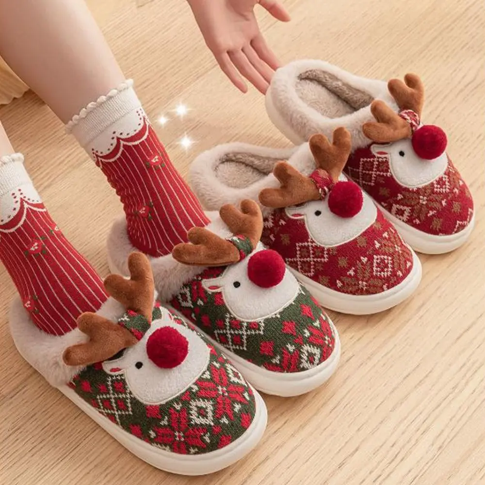 Casual Cute Cartoon Elk Slippers Lovely Deer Bedroom Shoes Warm Plush Floor Flip Flops Women