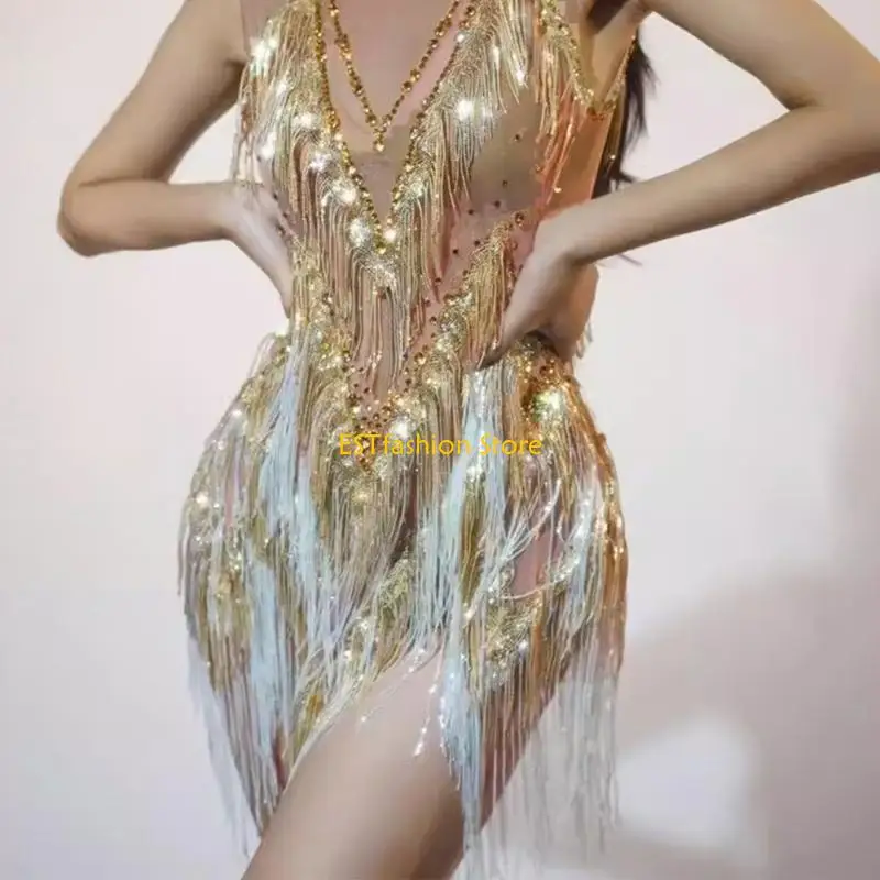 Y5GC Dynamic Mesh and Tassels Evening Gown with Sparkly Rhinestones Sparkly Fringes Dress for Stage Presences Enhancement
