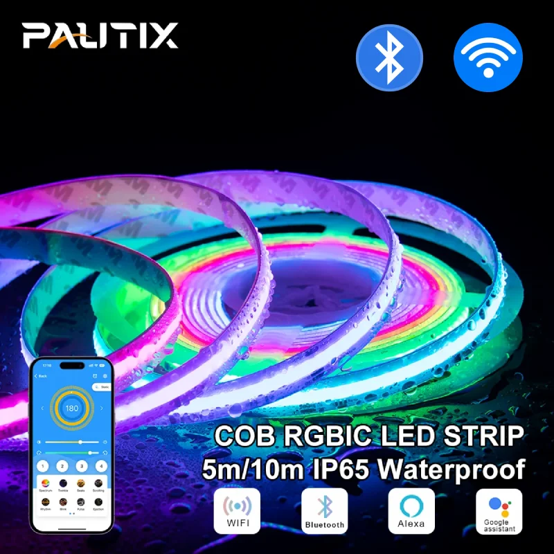 PAUTIX 5/10m Addressable COB RGBIC LED Strip IP65 Waterproof DC 12V/24V 630 LEDs/m High Density Flexible Full Color for Decor