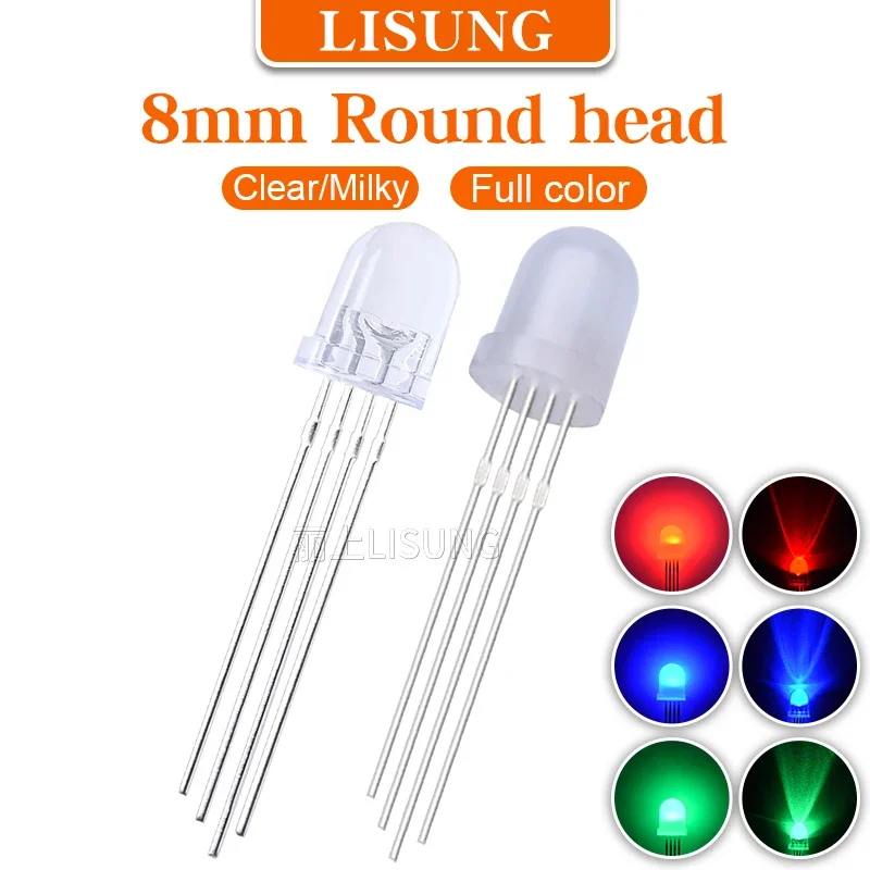 

500pcs/Bag F8 8mm Led Rgb Colorful Emitting Diode Full-color Milky Water Clear Red Green Blue Common Cathode Anode Light Lamp