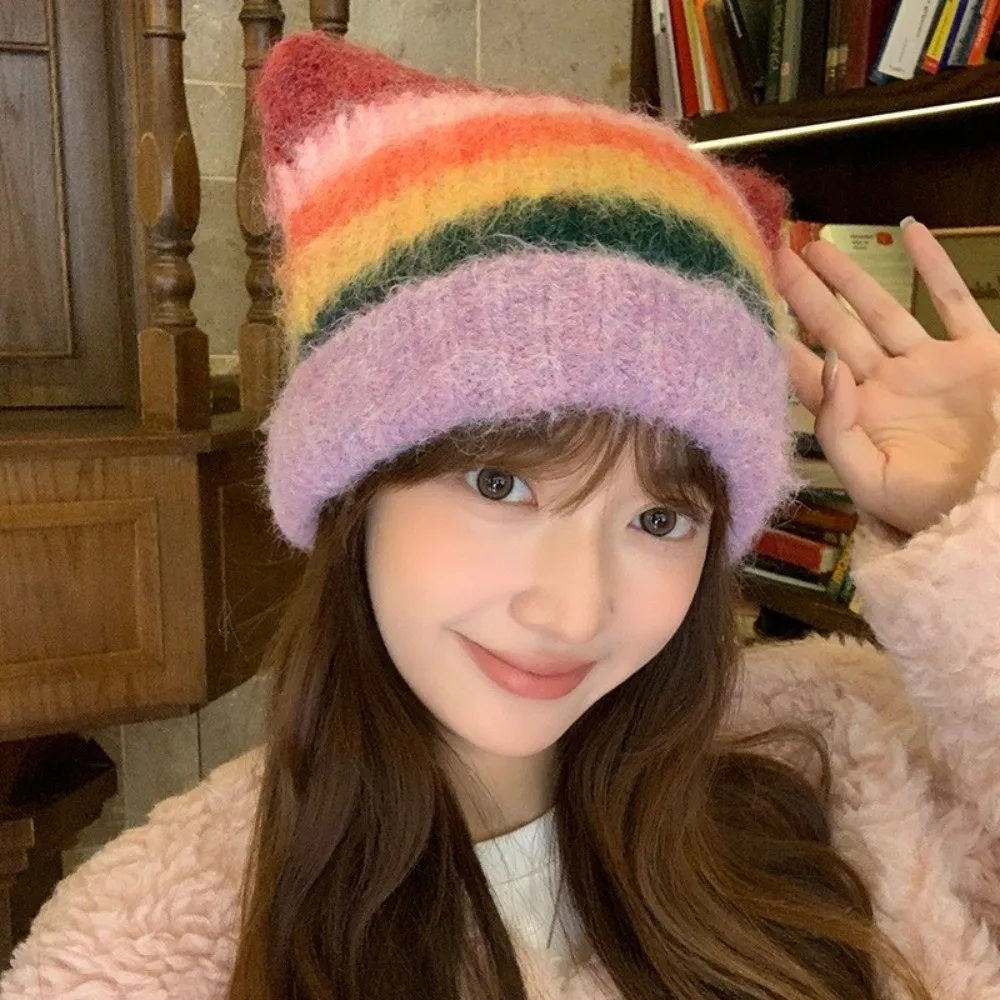 

Fashion Colored Cat Ears Pullover Hat Gradient Rainbow Striped Bucket Hat Japanese Style Warm Women Beanie Hat Autumn Winter