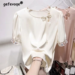 Women Summer Chinese Style Embroidery Hollow Bow Blouses Vintage Fashion Elegant Loose Shirts Ladies O Neck Short Sleeve Tops