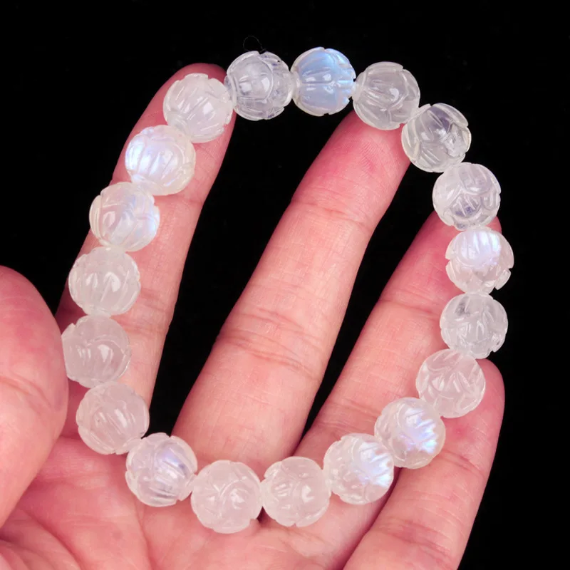 

Natural Blue Light Moonstone Crystal Bracelet 8mm 9mm Clear Lotus Carved Beads Women Men Healing Moonstone AAAAA
