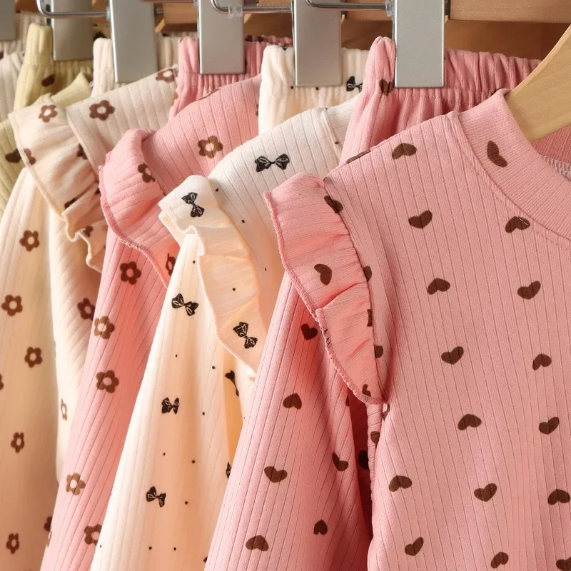 Kids Long Sleeve Bottoming T-shirt 2-10T Cute Floral Love Print Children Boys Girls Sweet Casual Undershirt Tops  Sweet Casual
