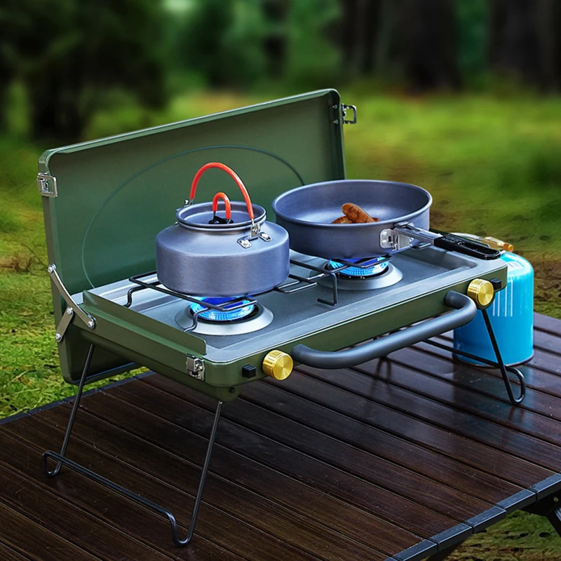 7000W High Power Camping Gas Stove 2 Burner Foldable Portable Outdoor Tourist Gas Stove Windproof Strong Fire Burner Camp Hiking