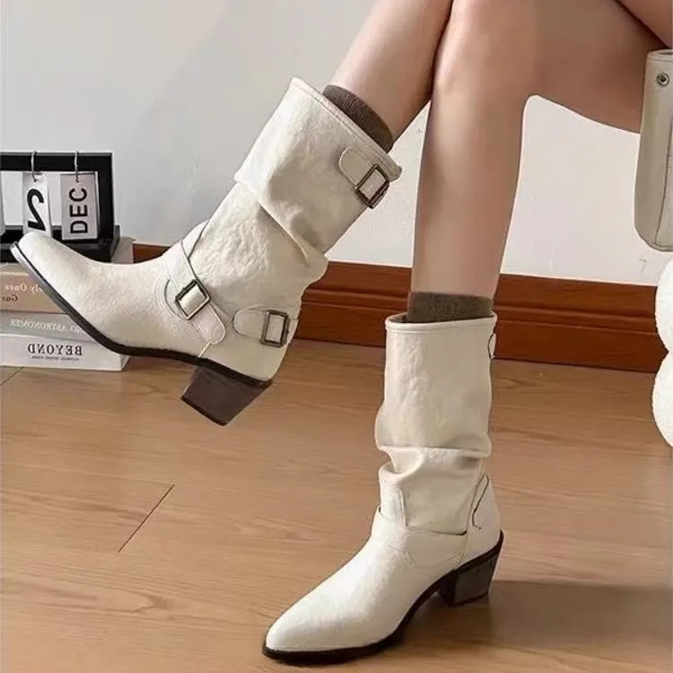 

Pointed Short Boots 2024 Autumn/Winter Women's British Style Belt Buckle Temperament Medium Tube Stacked Boots