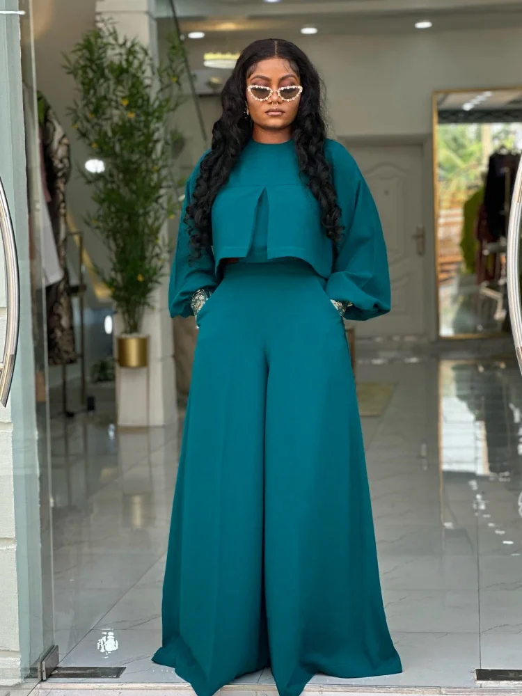 

Комплект Wmstar Plus Size для женщин оптом: топ с круглым вырезом и рукавами-фонариками нестандартной формы, свободные брюки с широкими штанинами