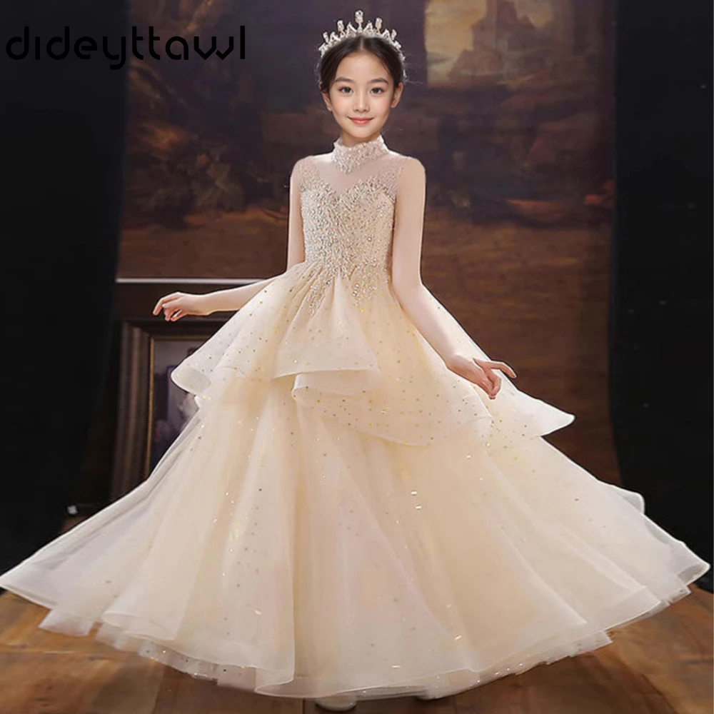 Customized Girls High Neck Sheer Mesh Sleeveless Sequin Beaded Bodice Layered Tulle Skirt Heart Cutout Back Floor