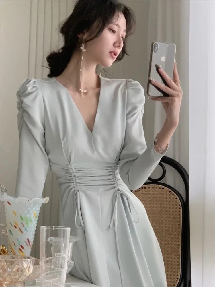 New Women Elegant Midi Satin Dress Vintage Long Sleeve Party Vestidos One Piece Drawstring Slim 2024 Spring Office Lady Clothes