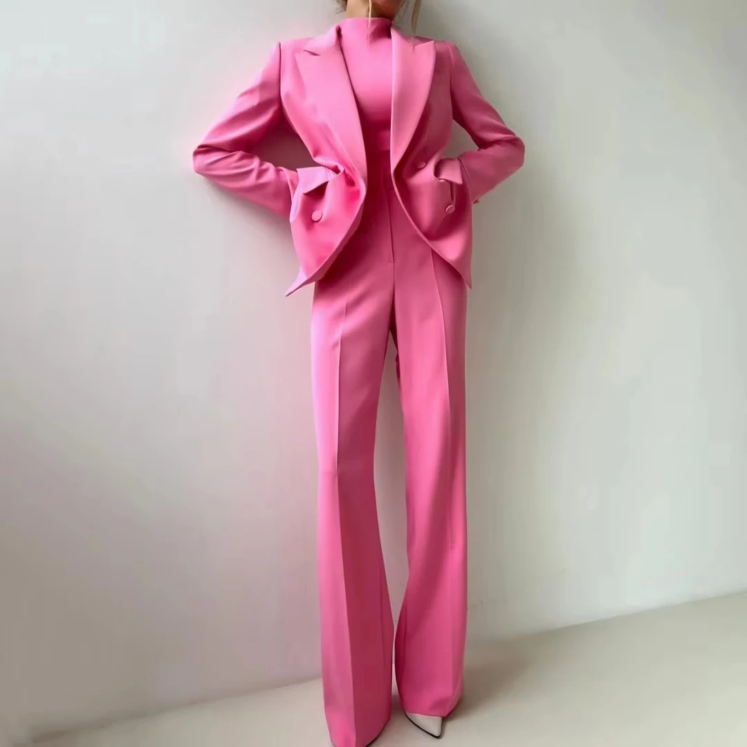 Women Suit 2 Pieces Rose Pink With Lapel Double Button For Wedding Banquet Party Business Office Commute Daily Blazer And Pant