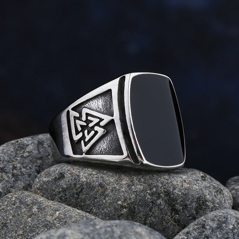 Simple Fashion Stainless Steel With Black Agate Stone Rings For