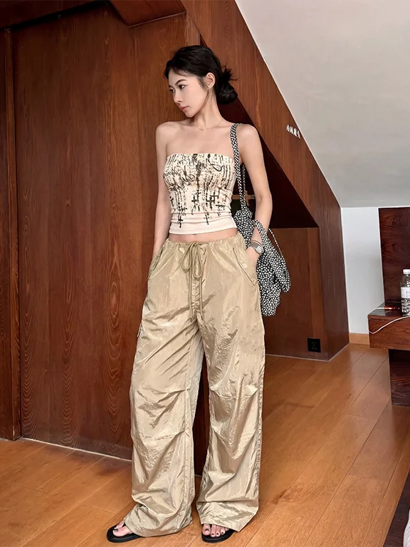

American Retro Two-Piece Set Spicy Girl Strap Vest Low Waist Drawstring Wide Leg Workwear Pants Women's Fashion Ensemble