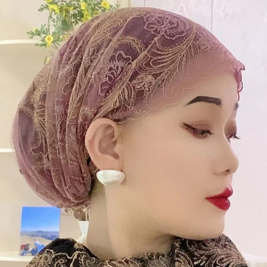 도매 4개입 무슬림 여성 히잡 이중 레이어 메쉬 원단 자수 모자 홈 파티 헤드웨어 블랙 그레이 민족 모자