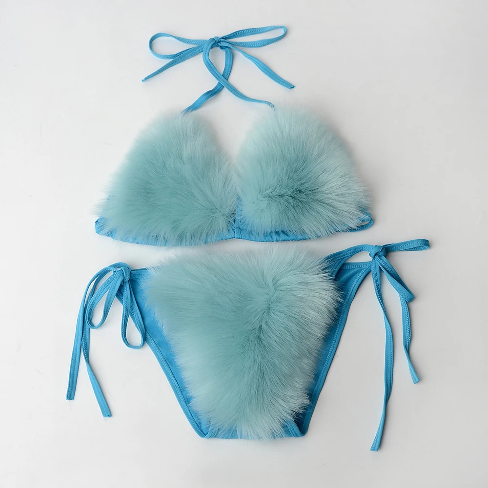 New Women Sexy Bikini Swimsuit 2 piece Set Summer Fur Swimwear Bikini Set Adjustable Bra Cute Girls Beach Bikini Bathing Suits