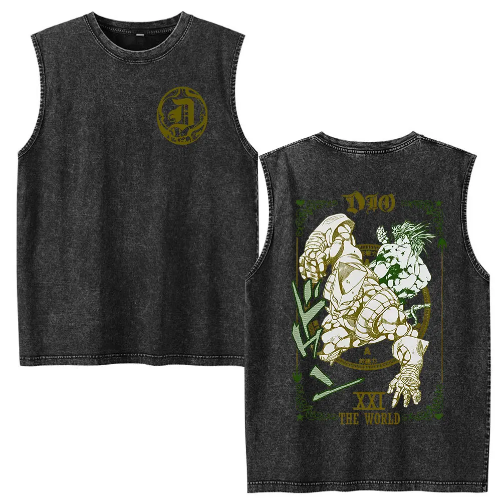Anime Jojo Bizarre Adventure Dio Brando Jotaro Kujo Vintage Washed Tank Tops Men's Clothing Sleeveless Vest T-shirts Streetwear view 2