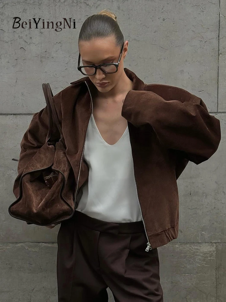 Beiyingni معاطف الخريف والشتاء للنساء خمر القهوة عادية BF أنثى سروال قصير سترة الشارع الشهير موضة الدافئة سستة أبلى