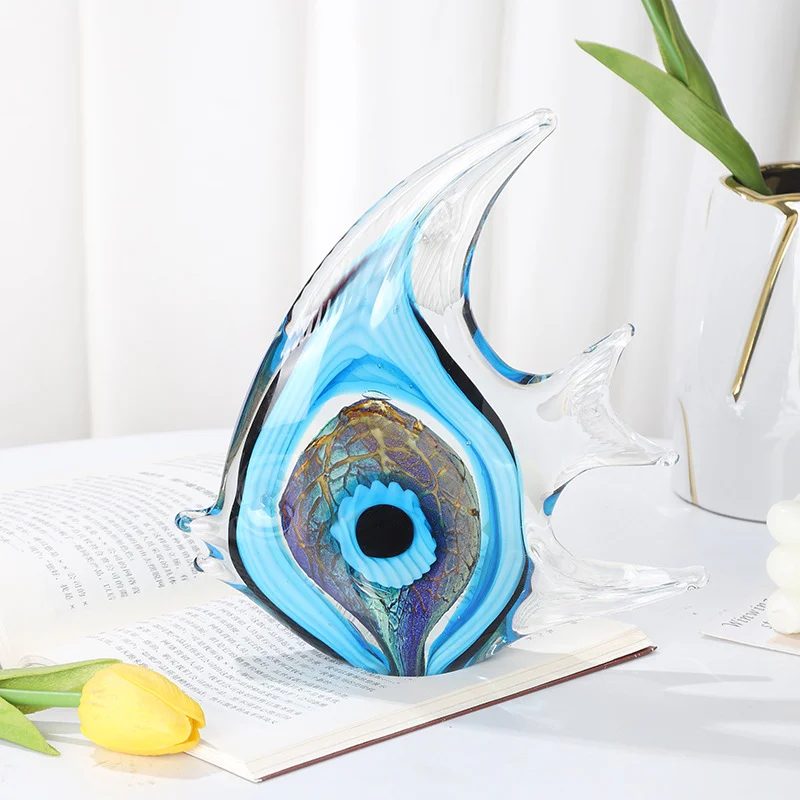 Exquisite Blue Stripe Tropical Fish Sculpture Hand-blown Glass Sculpture Home Decoration Glass Fish Home Interior Decor Craft