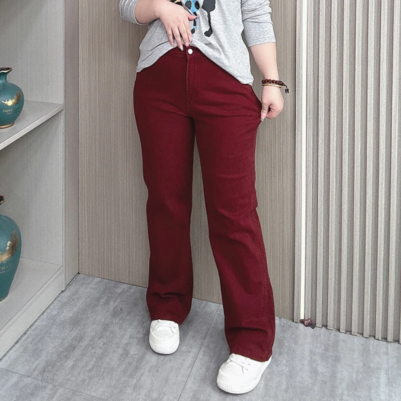 Plus Size High Waisted Jeans Women Fall New Loose Wine Red Stretched Casual Straight Leg Long Pants 8921