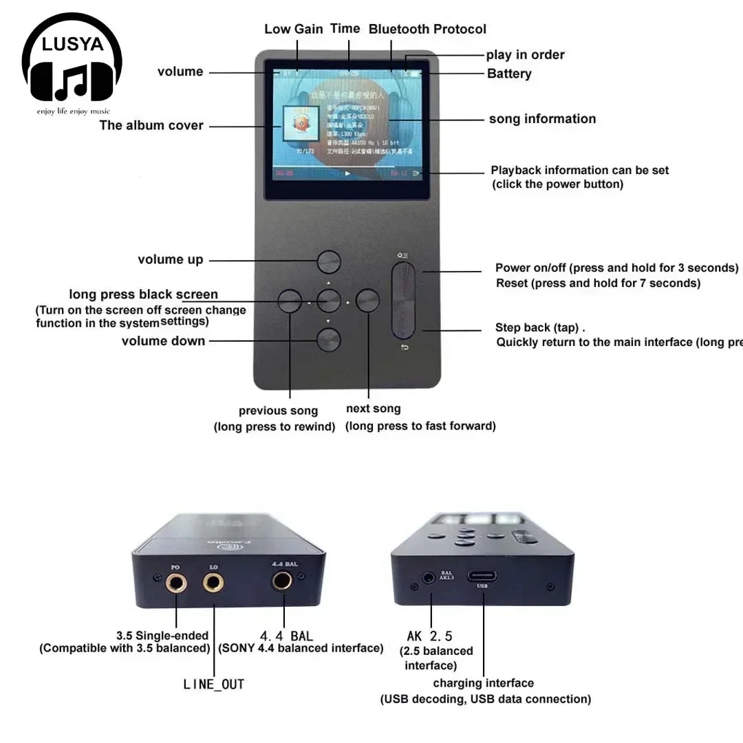 Imagem -05 - Jogador com Decodificação Usb Hifi Dsd Bluetooth Dac Saída Balanceada Mp3 Chip Pro Es9039 f. Audio-fa5