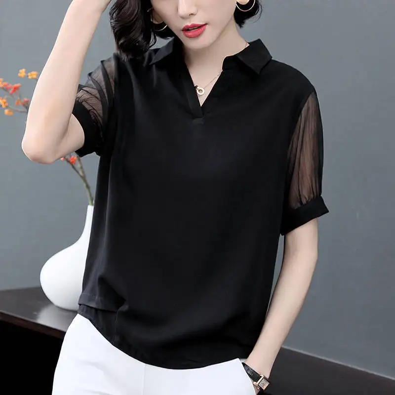 

Oversize Korean Fashion Temperament Black Gauze Patchwork V-neck Blouses Women Loose Casual Short Sleeve Chiffon Shirt Ladies