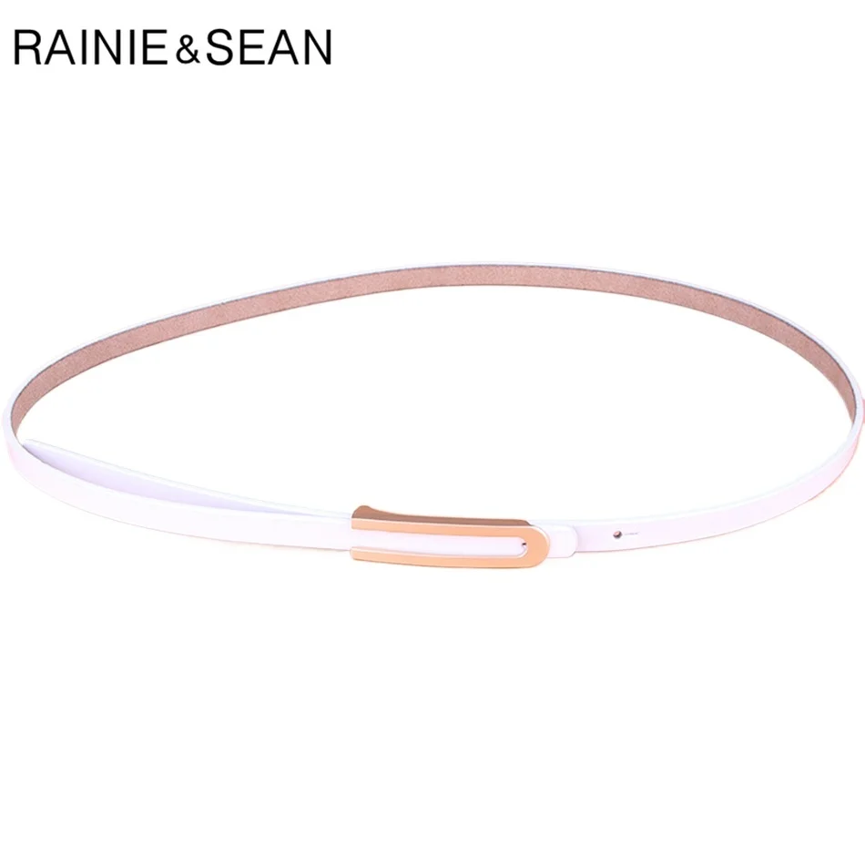 

RAINIE SEAN White Skinny Belt for Dress Genuine Leather Belt Smooth Buckle Female Elegant Thin French Ladies Cowhide Belt Strap