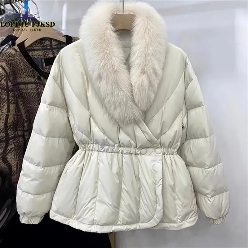 Women\'s Covered Button Down Parkas, White Duck Down Jacket,Large Fur Collar, Korean Female Clothing,Winter,New,2024