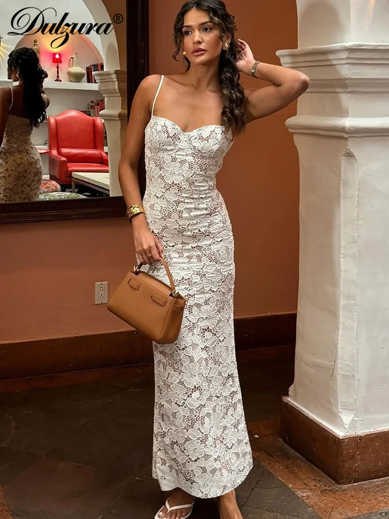 Dulzura Sleeveless Lace Back Slit Bodycon Cami Maxi Dress Sexy Elegant Outfit Party Clubwear Women’S Autumn Winter Clothes