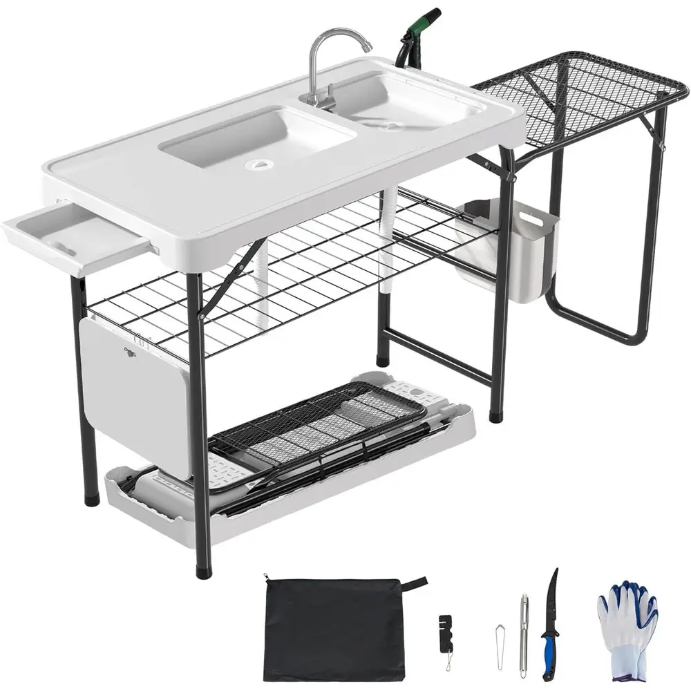 

Стол для очистки рыбы, портативный складной походный стол со складной доской-гриль, станция для очистки рыбы с двумя раковинами, шланг