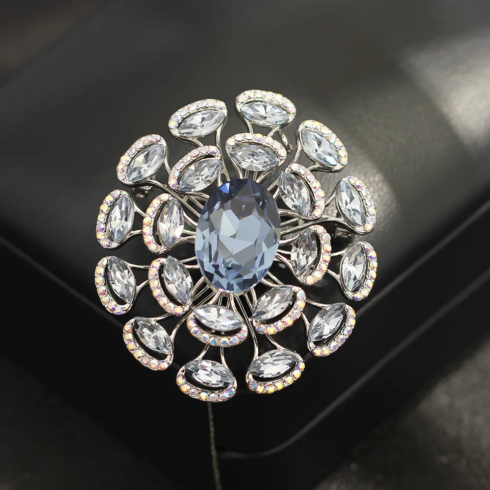 Luxury Geometry Blue Oval Brooch Multi-Layer Marquise Crystal Jacket Coat Pin Female Accessory European American Style Jewelry