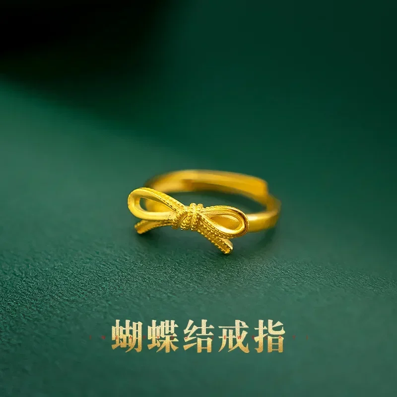 9999 Real Gold 24K Japanese and Korean Fashion Gold Edition Bow Women's Ring Korean Edition Student Fashion Cute Bow Live Ring