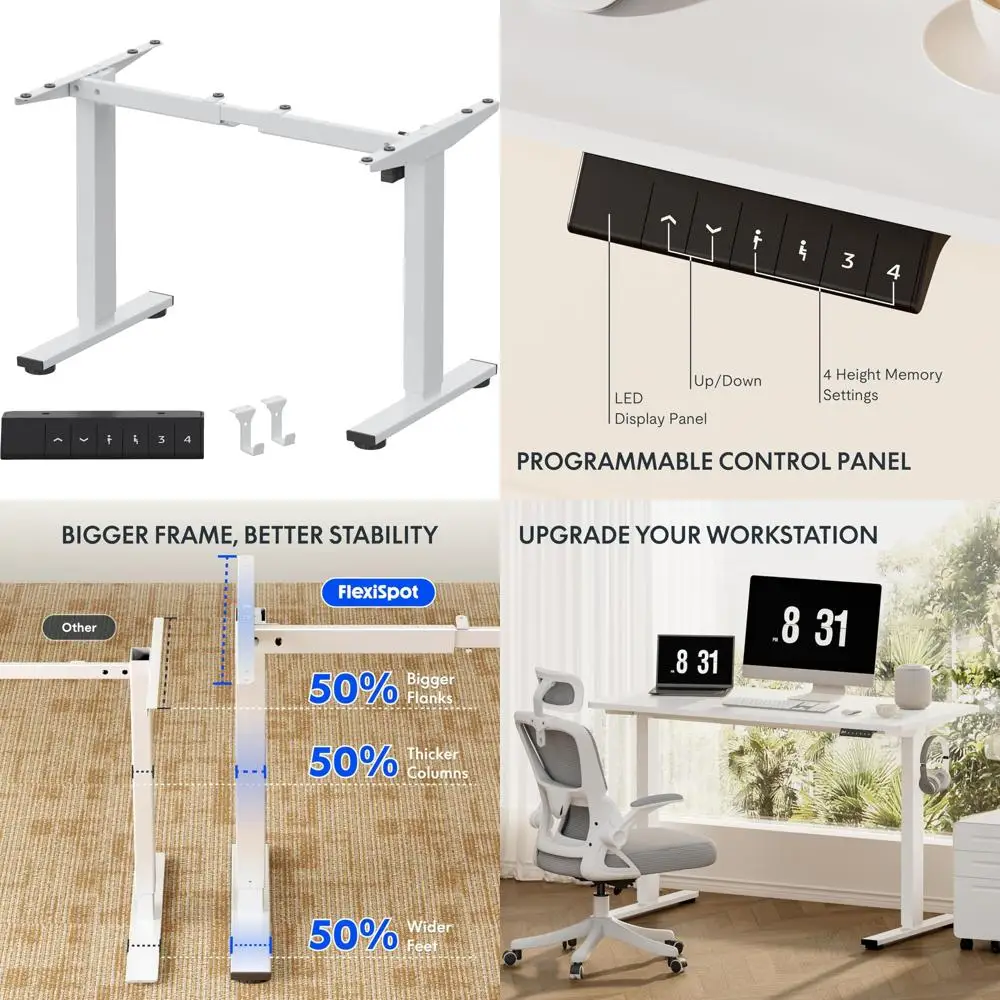 Electric Height-Adjustable Desk Frame with Memory Controller for Sit-Stand Workstations at Home or Office (White)
