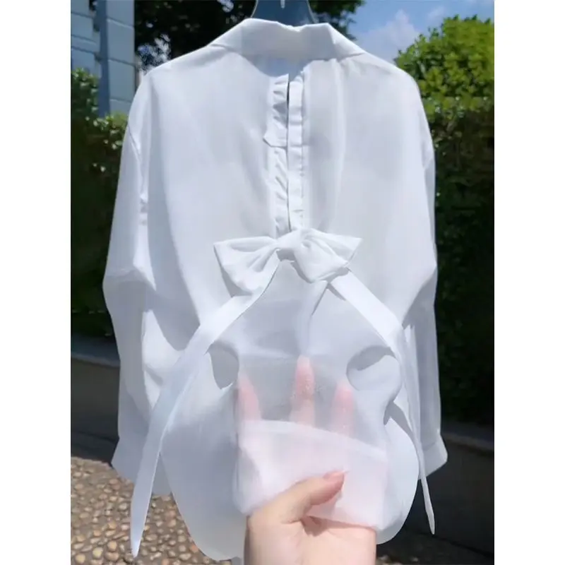 

Summer New Style Loose Women's Knot Shirt Thin Outerwear Top Commute Style Sun Protection White Korean Version
