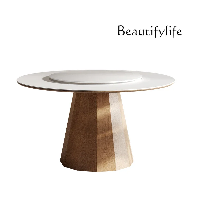 Cream wind solid wood rock slab round dining table and chairs simple household Nordic large round table with turntable