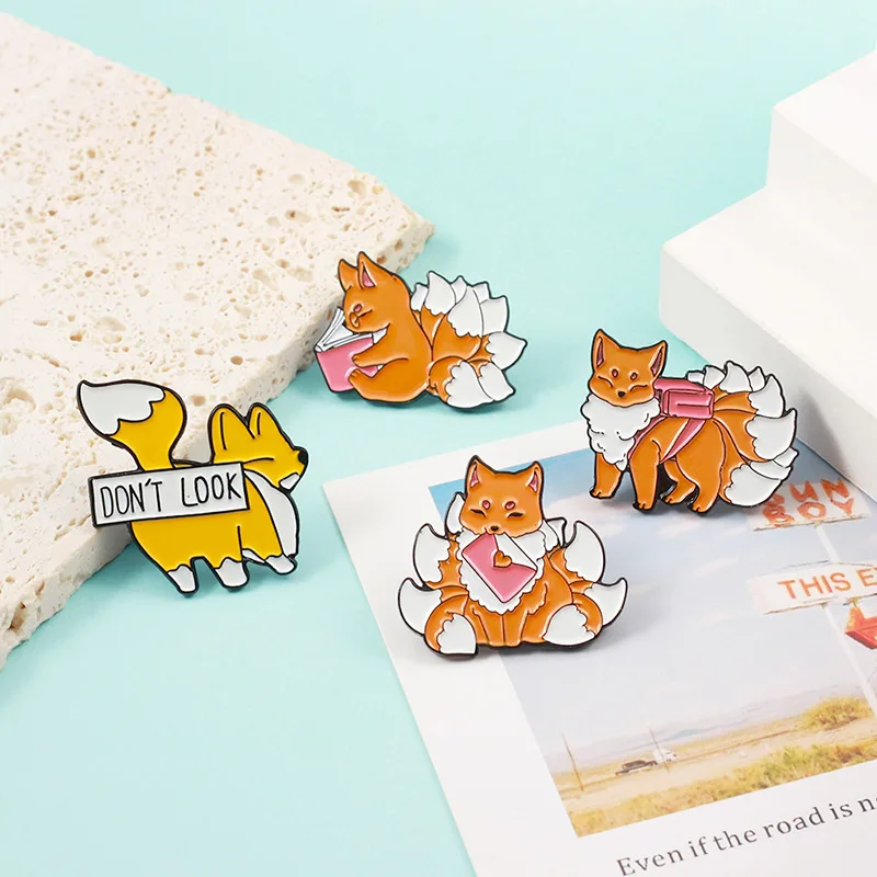 Creative Trendy Cartoon Nine-Tailed Fox Badge Cute Love Envelope Bag Animal Enamel Brooch Pins Fun Lapel Jewelry Gift For Women