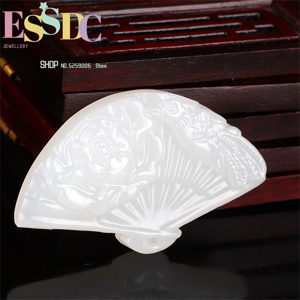 

Natural Chinese White Hand Carved Fan Pendant Fashion Boutique Jewelry Men's and Women's Magpie Peony Necklace Popular Gifts