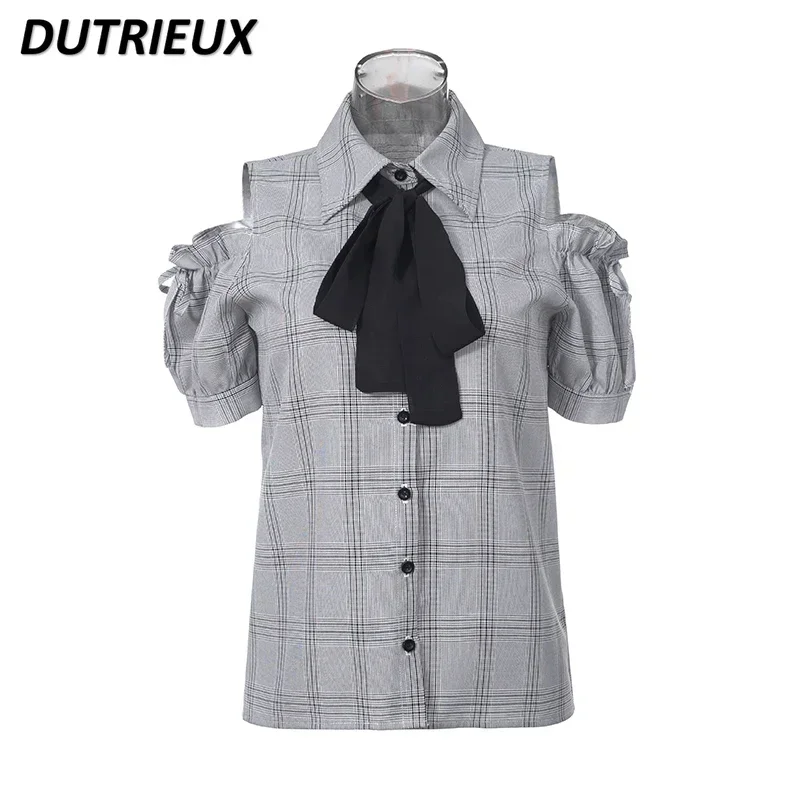 Summer New Shoulder Short Sleeve Shirt Fashion Women's Top Grey Plaid Casual Versatile Japanese College Style Casual Blouse