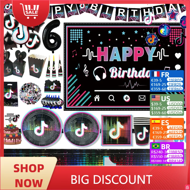 Pop Music-Tikes Young Birthday Party Decoration Notes Toks Disposable Cutlery Balloon Banner Background Supplies Gift Photo Prop