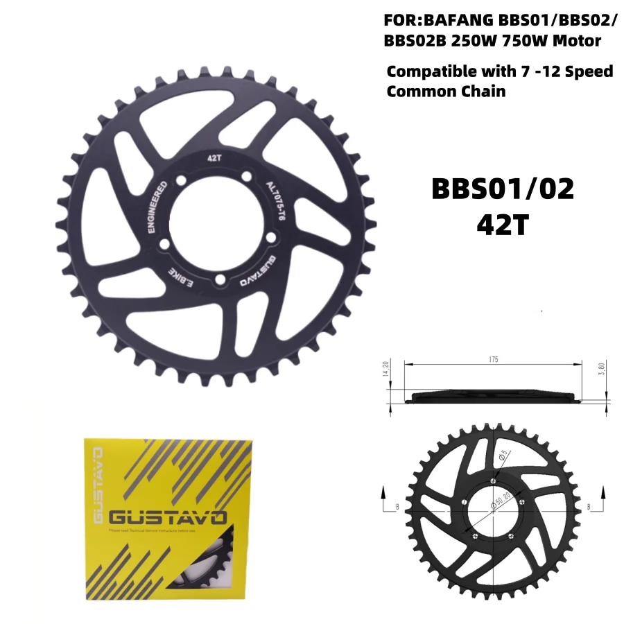 Gustagusta01 gusta02 orta tahrik motoru için GUSTAVO elektrikli bisikletler zincir halkası ofset 14MM 250W-750W Motor 42T 44T 46T 48T 52T