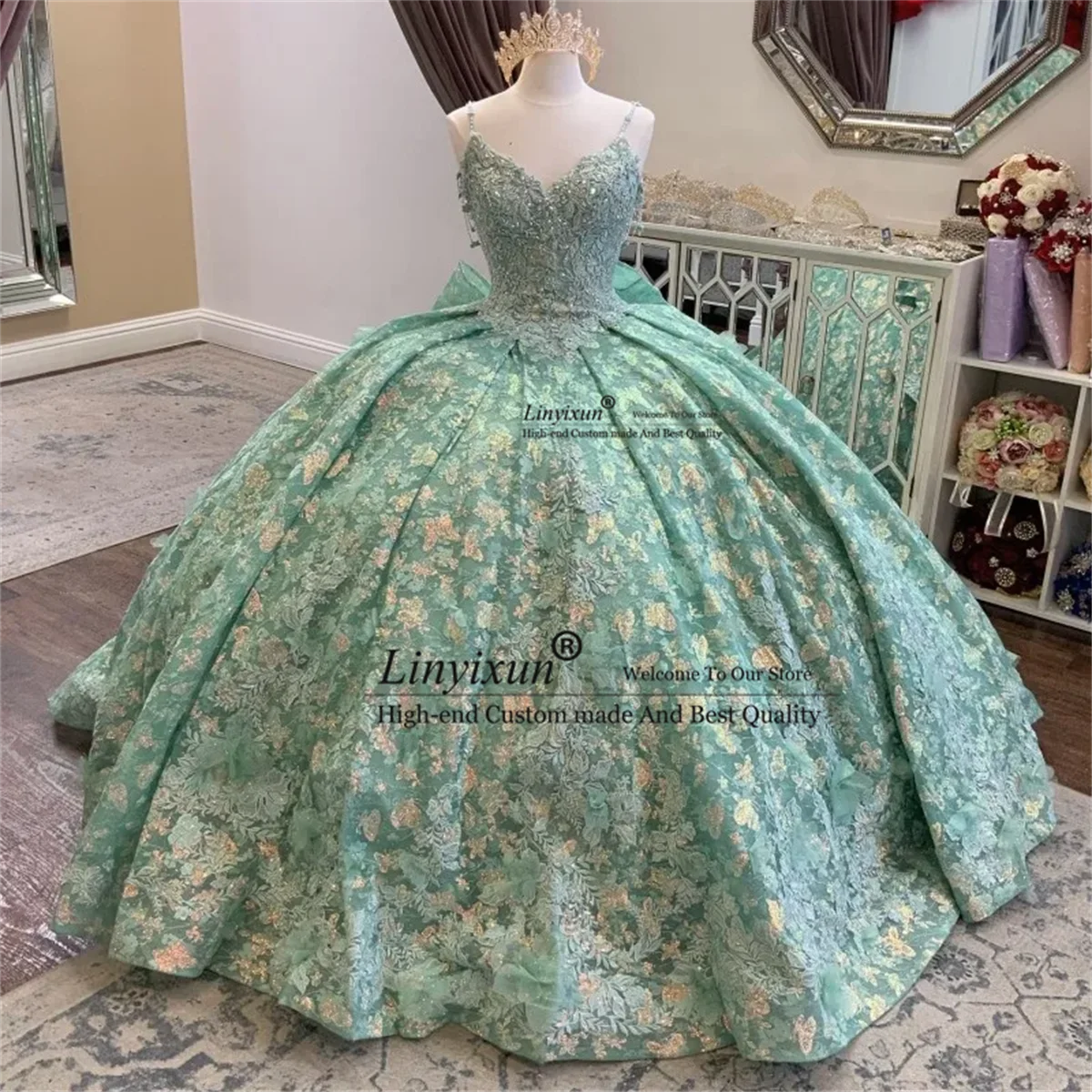 Vestidos Quinceanera cintilantes para meninas, verde doce, sexy, cinta de espaguete, apliques de cristal, vestido de baile, miçangas, 15, 16