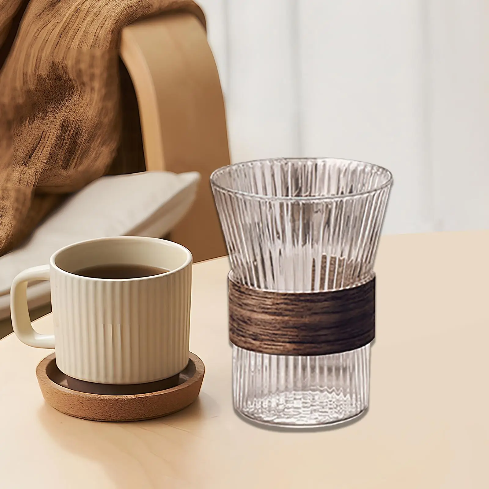 350ml Heat Proof Stripe Glass Cup Reusable Beverage Tumbler with Wooden Cover for Coffee Tea Juice Milk