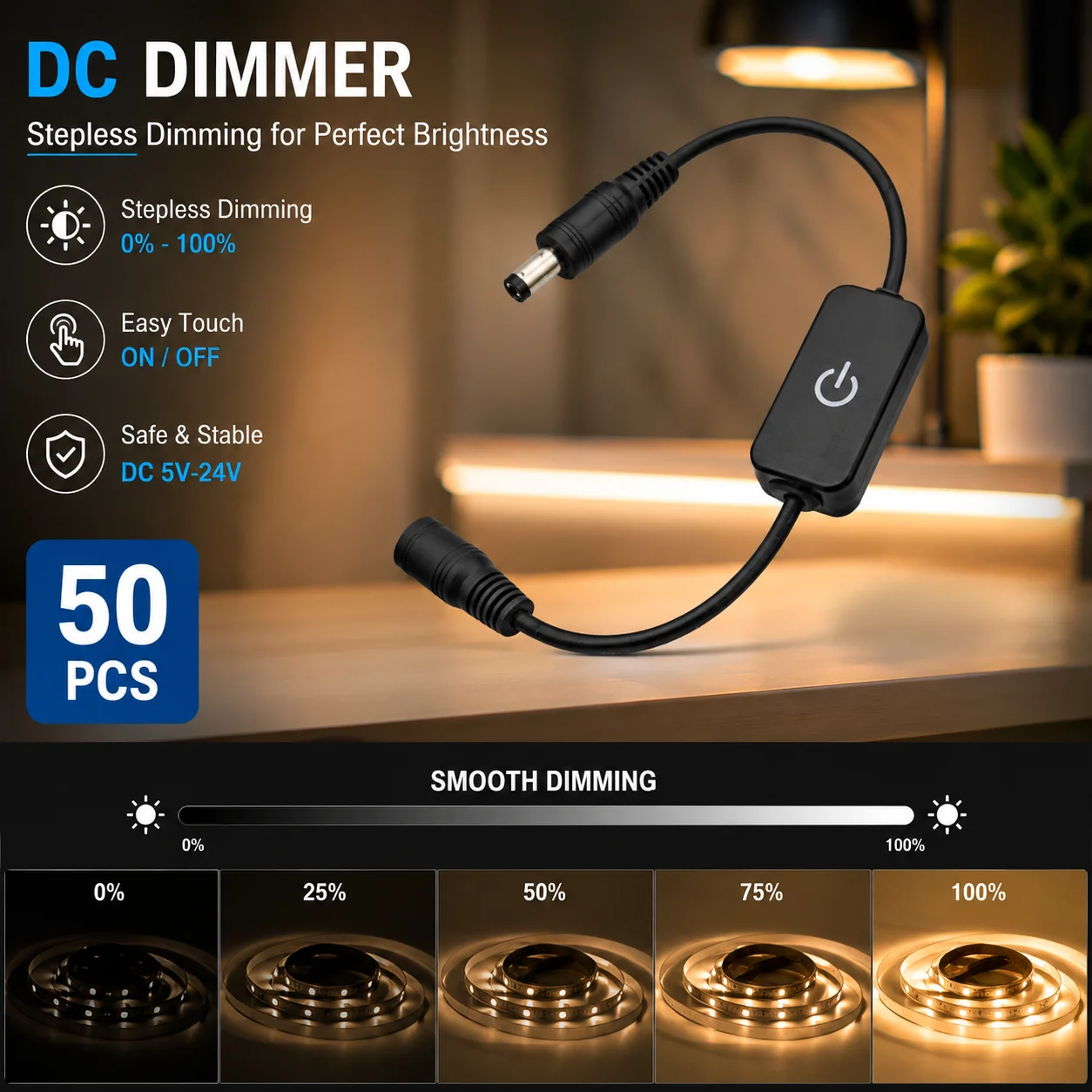50pcs/lot DC12V 24V LED Dimmer LED Strip Switch Touch Sensor Controller 30cm DC Female Male LED Switch Connector 5.5*2.1MM