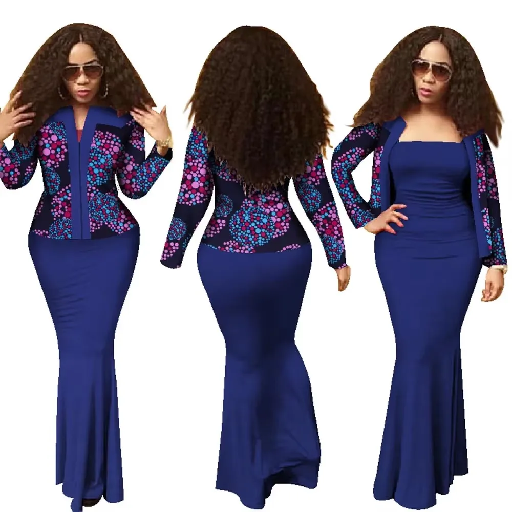 Bintarealwax African 2 Pieces Set for Women New Style Dashiki Crop Top Long Dress Suits Plus Size Traditional Clothing WY1313