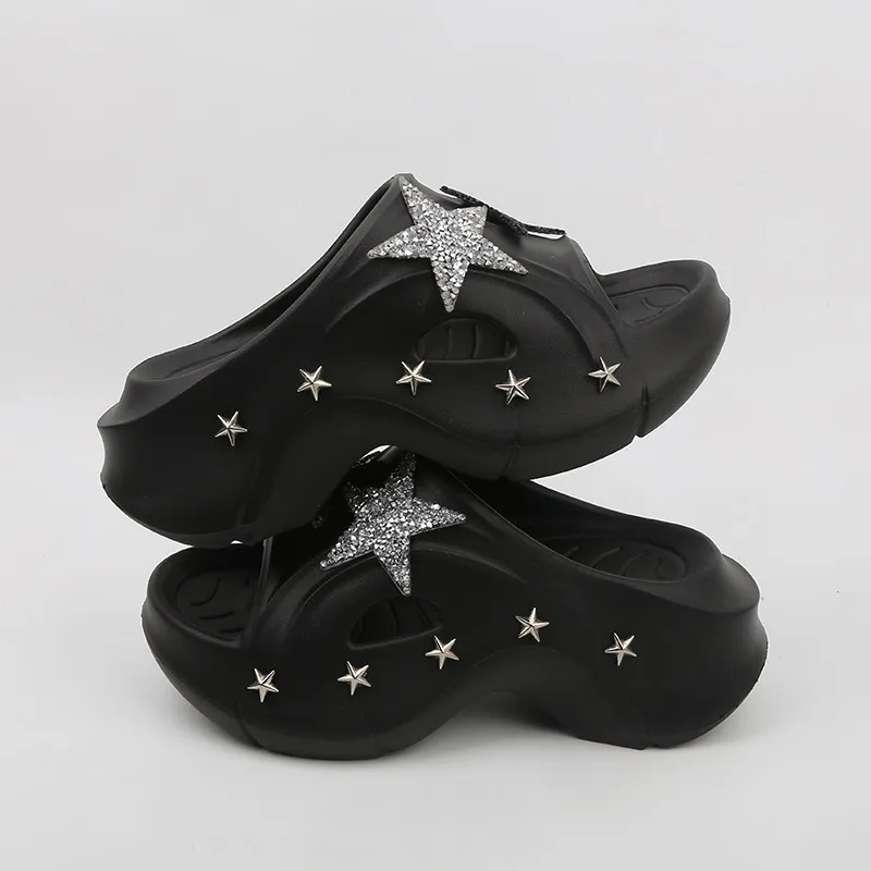 Women's Summer Outer Wear Muffin Thick Bottom Non-slip Sandals Heightened Heel Five-pointed Star Slippers