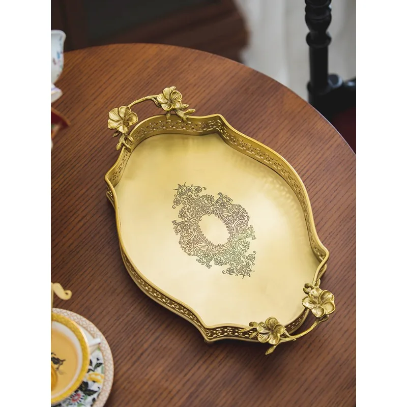 

Vintage Light Luxury Brass Tray - Decorative Storage for Entryway, Fruit Tea Serving Plate, Home Organizer Dish