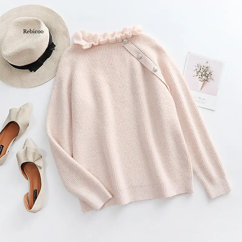 

Autumn and Winter Solid Color Buttons V-Neck Pullover Loose Large Size Knitted Long-sleeved Tops Fashion Casual Sweater Women