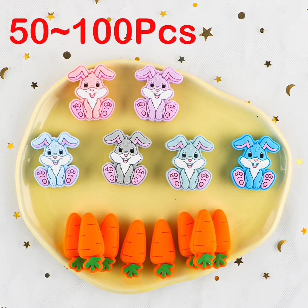 

Kovict 50/100pcs Mini Rabbit Carrot Cartoon Silicone Beads Food Grade Nursing Chewing DIY Pacifier Chain Necklace Accessories