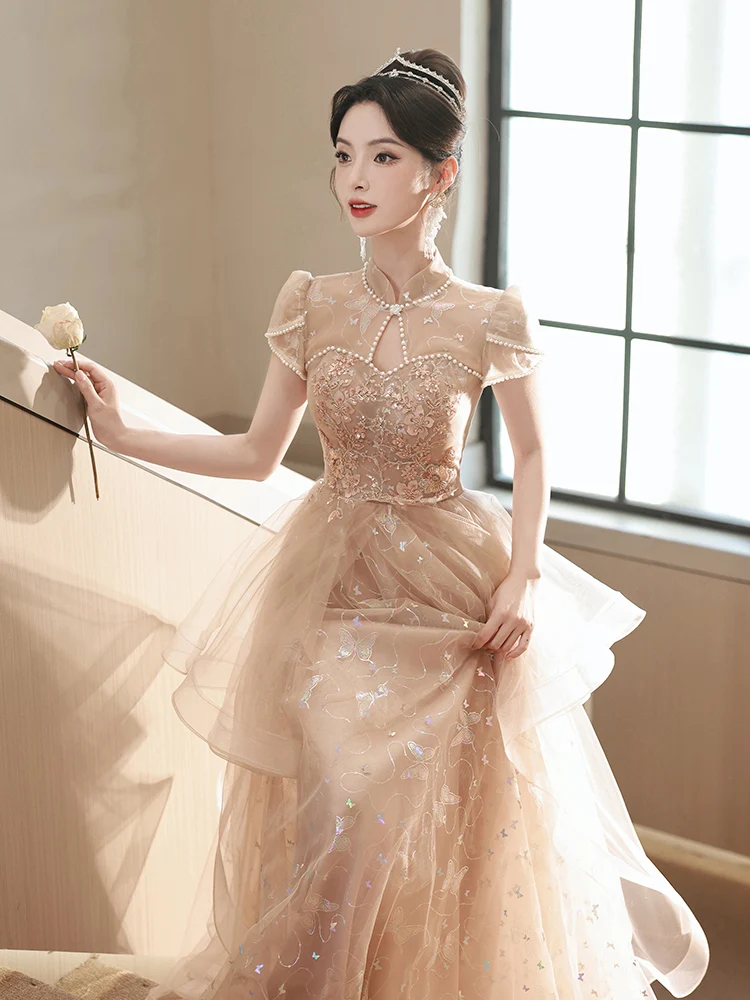 

Champagne Color Evening Gown Women's New 2025 Luxury High-End Sensation Vocal Art Exam Host Performance Princ Sle Sequin...
