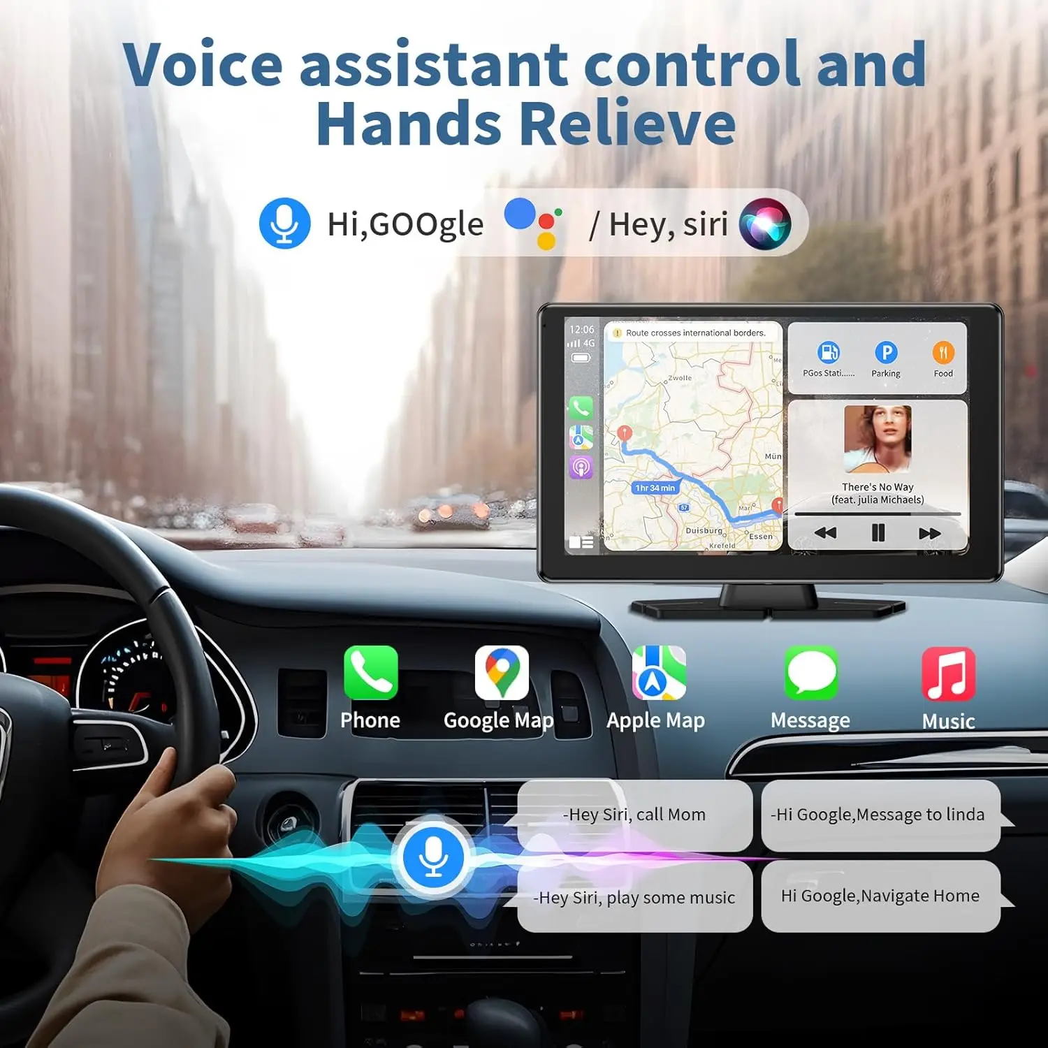 Écran CarPlay portable de 9 pouces avec Android Auto, écran tactile HD, caméra de sauvegarde 1080P, MirrorLink, navigation, commande vocale, Bl